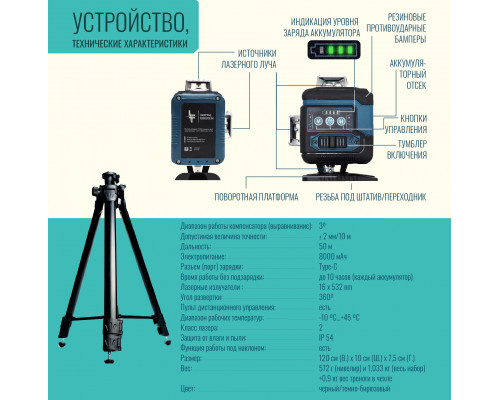 Профессиональный Лазерный уровень (нивелир) LT L12-360Q 12 линий + тренога 1.5м усиленная